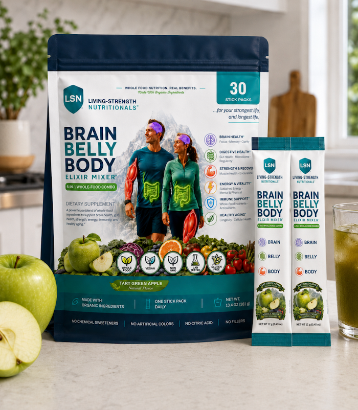 Brain-Belly-Body Elixir Mixer 2.0 pouch with single-serve stick packs, Tart Green Apple