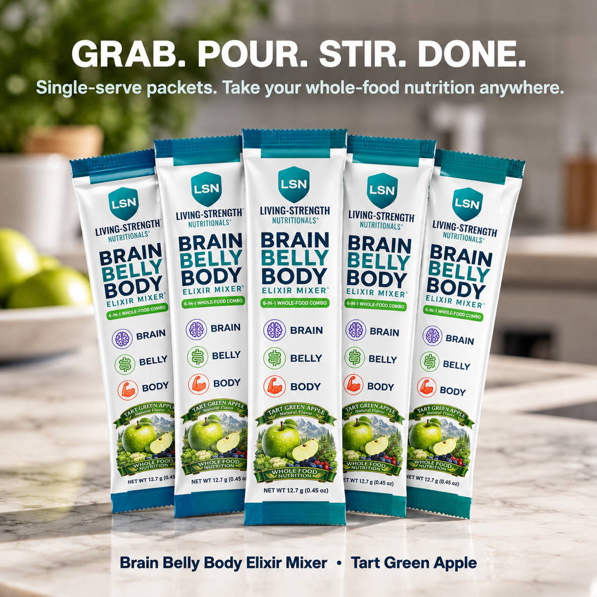 Five Elixir Mixer single-serve stick packs - Grab. Pour. Stir. Done.